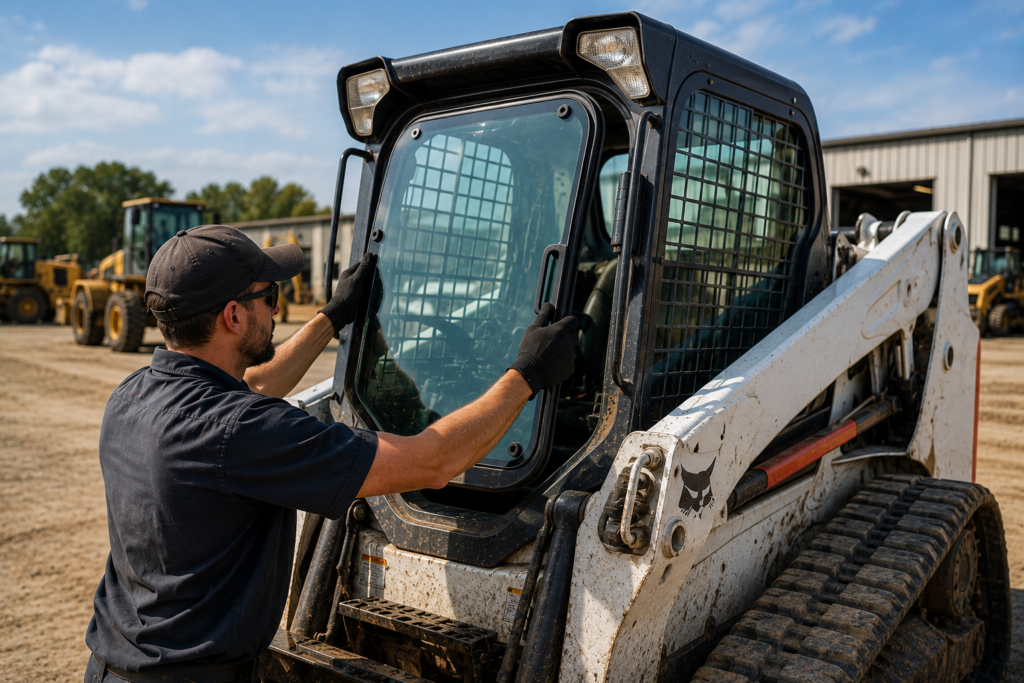 Technician installing replacement cab door glass on a tracked skid steer loader at a construction equipment yard in Mineola, NY.